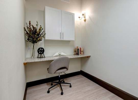 A room with a desk and a chair.