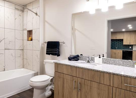 A bathroom with a white toilet, a white bathtub, and a marble countertop.