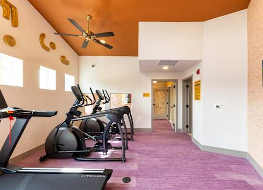 A room with exercise equipment and a ceiling fan.