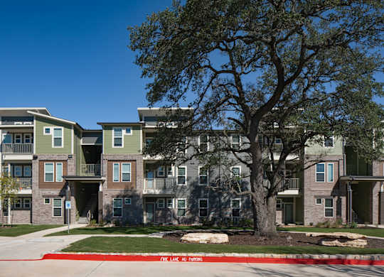 Apartment complex with a tree in front.