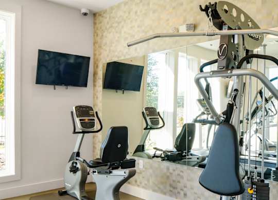 A home gym with a variety of exercise equipment including a stationary bike, a rowing machine, and a bench press.