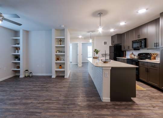 A kitchen with a countertop and cabinets.