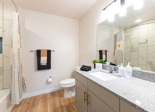 A bathroom with a toilet, sink, and mirror.