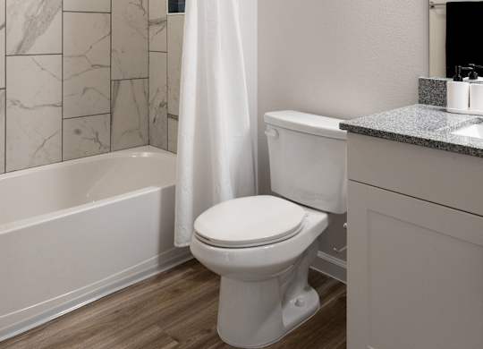 A white toilet sits next to a bathtub in a bathroom.
