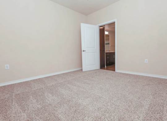 A room with a carpeted floor and a doorway leading to another room.