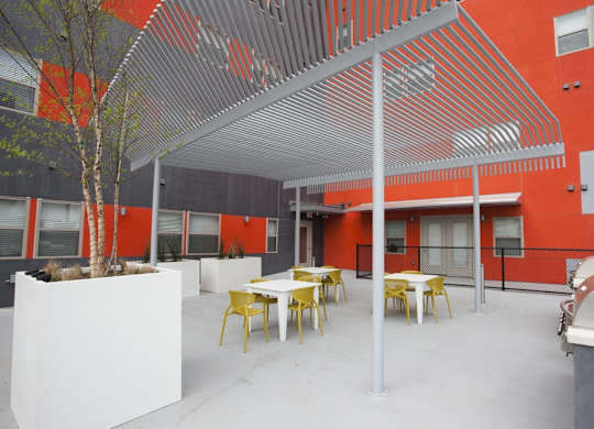 A patio with tables and chairs and a tree.