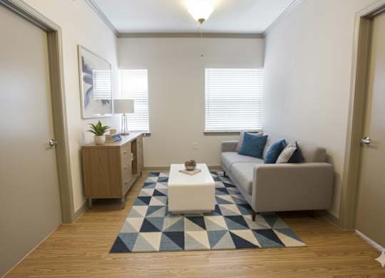 A living room with a couch, a coffee table, and a rug.