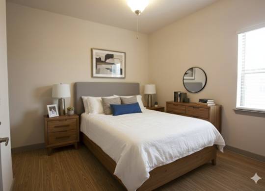 A bedroom with a bed, nightstands, and a lamp.