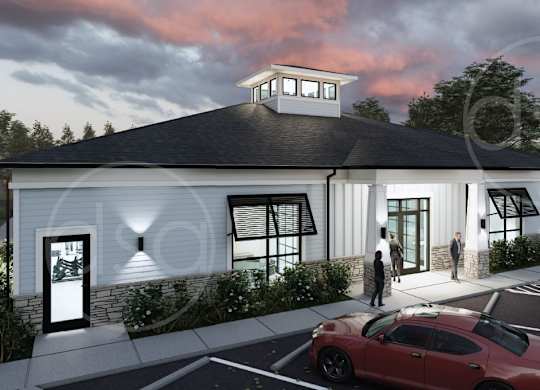 A red car is parked in front of a white building with a black roof.