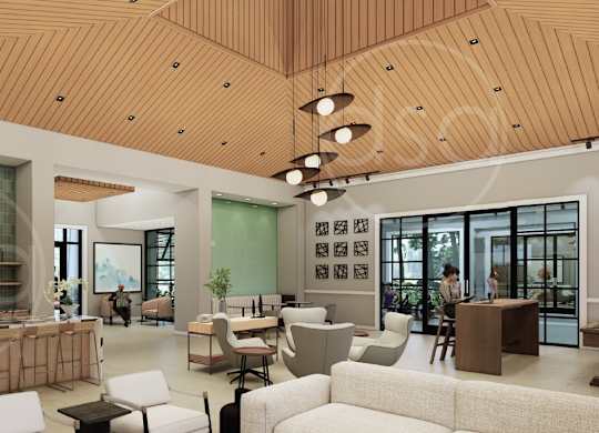 A modern living room with a wooden ceiling and furniture.