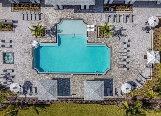 An aerial view of a swimming pool surrounded by lounge chairs and umbrellas.