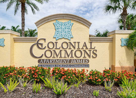The sign for Colonial Commons Apartment Homes is displayed in front of some palm trees.