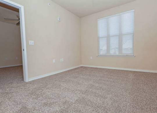 A room with a carpeted floor and a window with blinds.