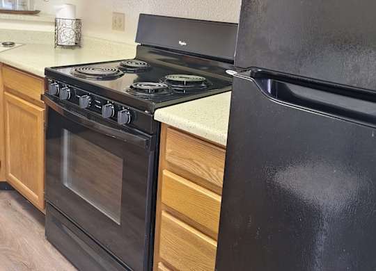 A black refrigerator sits next to a black stove in a kitchen.