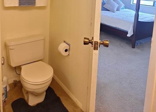 A white toilet in a bathroom with a towel hanging on the wall.