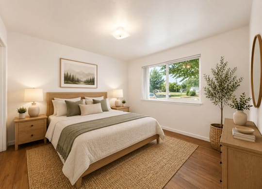 A bedroom with a large bed, nightstands, and a window.