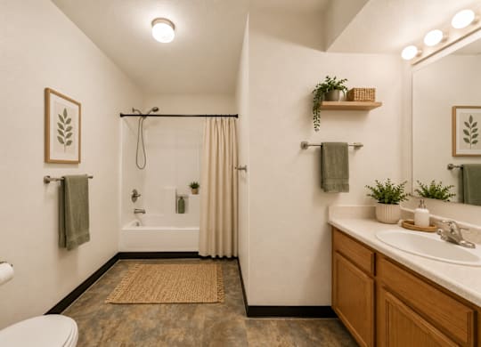 A bathroom with a toilet, sink, and shower.