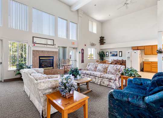 A living room with a couch, a chair, a coffee table, and a fireplace.