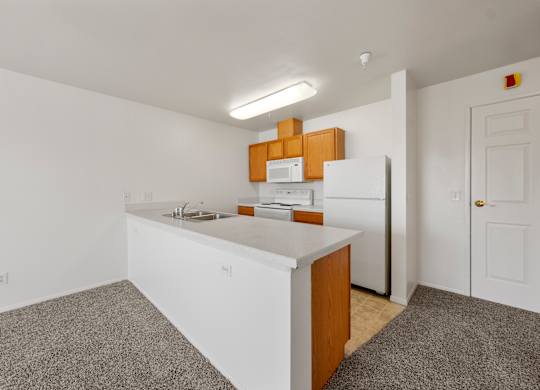 A kitchen with a white counter and a refrigerator.