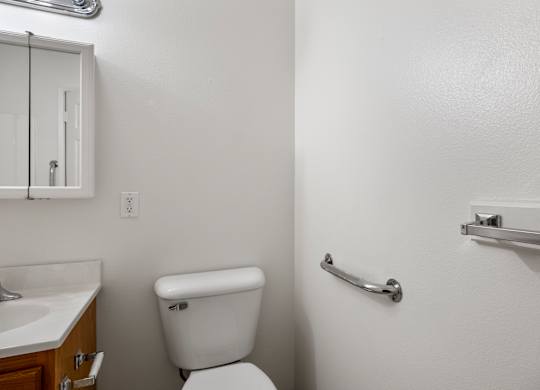 A white toilet sits next to a sink in a small bathroom.