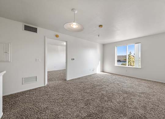 A spacious room with a carpeted floor and a window showing a view of the outdoors.