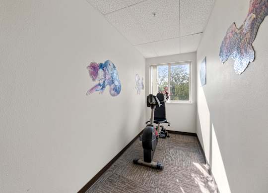 A person is working out on a stationary bike in a room with artwork on the wall.