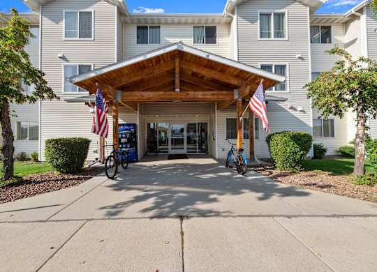 The front of a building with a covered walkway