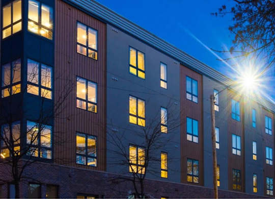 A building with a tree in front of it is illuminated by a bright light.