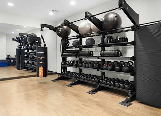 A gym with a rack of kettlebells and a punching bag.