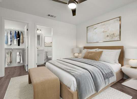 a bedroom with a bed and a closet