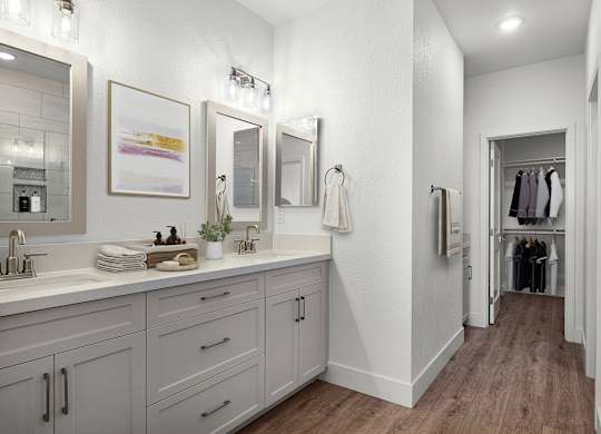 a bathroom with white cabinets and mirrors and a closet