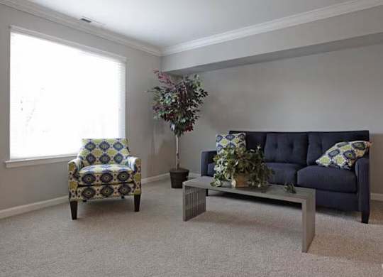 A living room with a blue couch, a patterned chair, and a coffee table.