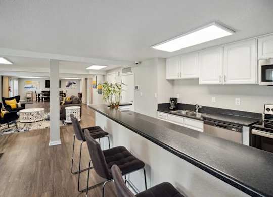 Modern kitchen with long counter and bar stools at Villages at Gateway, Denver, Colorado