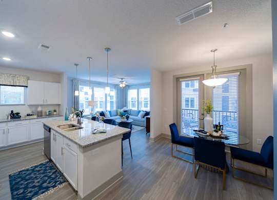 Open concept apartment with kitchen island at Ciel Luxury Apartments, Jacksonville, FL 32246