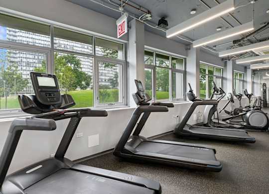 A gym with treadmills and exercise equipment.