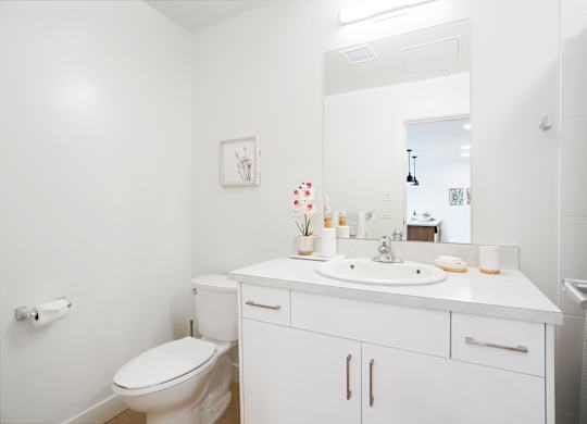 A white bathroom with a toilet, sink, and mirror.