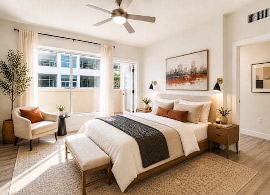 Bedroom with white bed and green blanket