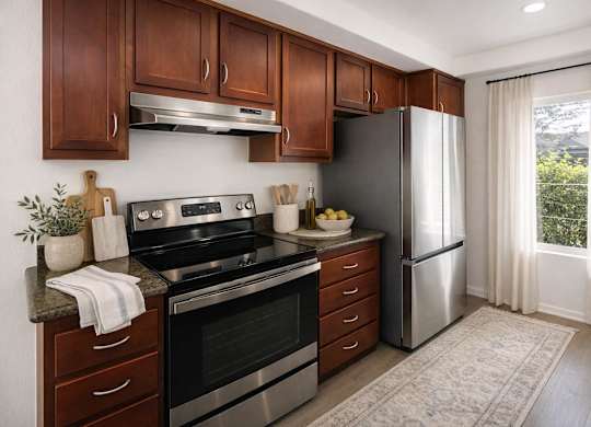 Dark countertops with wood kitchen cabinets