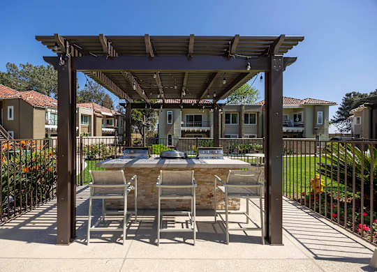 A patio with a table and chairs under a pergola.