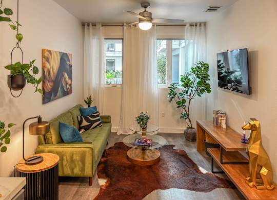 Living room with green sofa and natural light at AMP 30 Apartments, San Diego, 92116