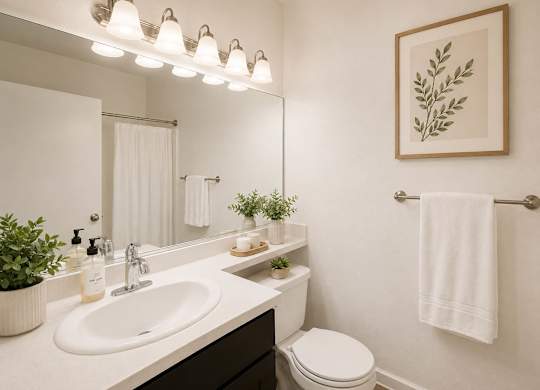 A bathroom with a white sink, toilet, and a framed picture on the wall.