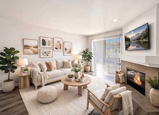 A living room with a fireplace, a couch, a chair, a coffee table, and a TV on the wall.