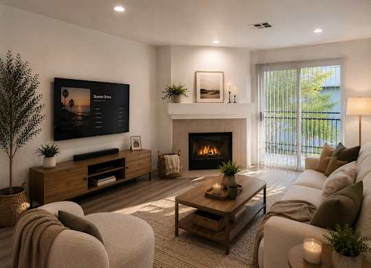 A modern living room with a fireplace and a flat screen TV.