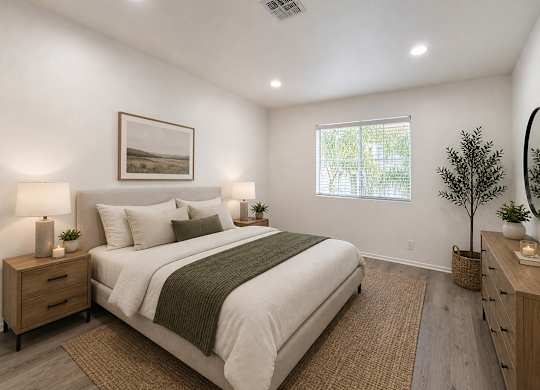A bedroom with a large bed, two nightstands, and a window.
