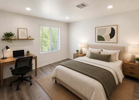 A bedroom with a bed, desk, and chair.