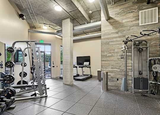 A gym with a variety of equipment including a treadmill, weights, and a bench press.