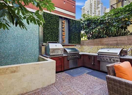 A patio with a grill and a sign that says