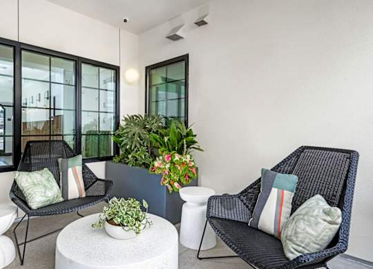 A black chair with a green pillow is in front of a white wall.