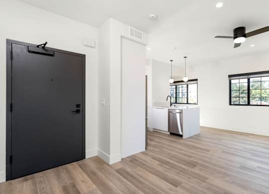 A room with a black door, a white cabinet, and a ceiling fan.