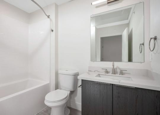 Bathroom with dark vanity